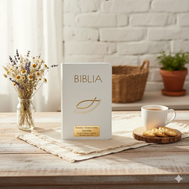 Biblia Paulistów w białym etui – aranżacja na drewnie