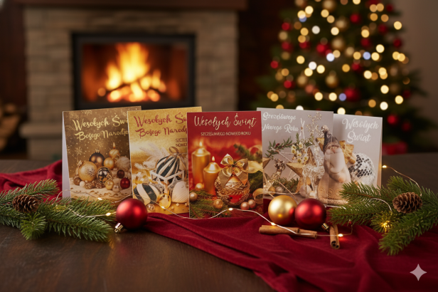 Karnet z życzeniami i opłatkiem Wigilijnym - laurka z motywem świątecznym