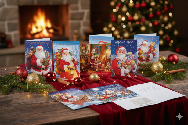 Karnet z życzeniami i opłatkiem Wigilijnym - laurka z motywem Mikołaj