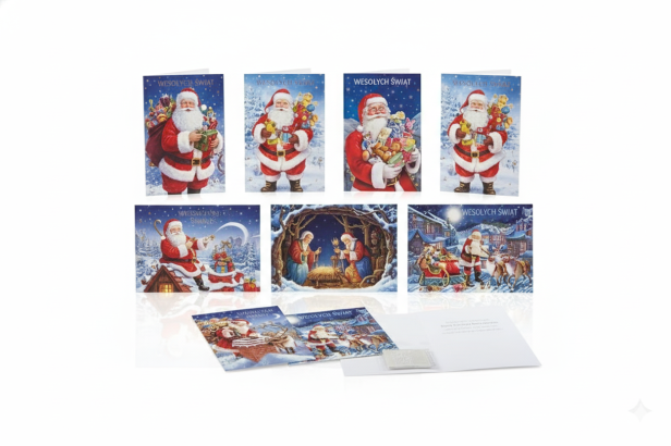 Karnet z życzeniami i opłatkiem Wigilijnym - laurka z motywem Mikołaj