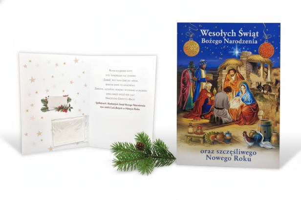 wzór 2 -  Karnet z życzeniami i opłatkiem Wigilijnym – laurka z motywem religijnym