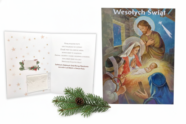 wzór 1 -  Karnet z życzeniami i opłatkiem Wigilijnym – laurka z motywem religijnym