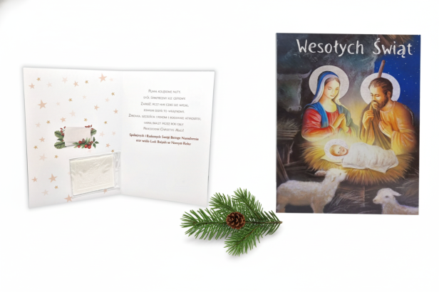 wzór 3 -  Karnet z życzeniami i opłatkiem Wigilijnym – laurka z motywem religijnym
