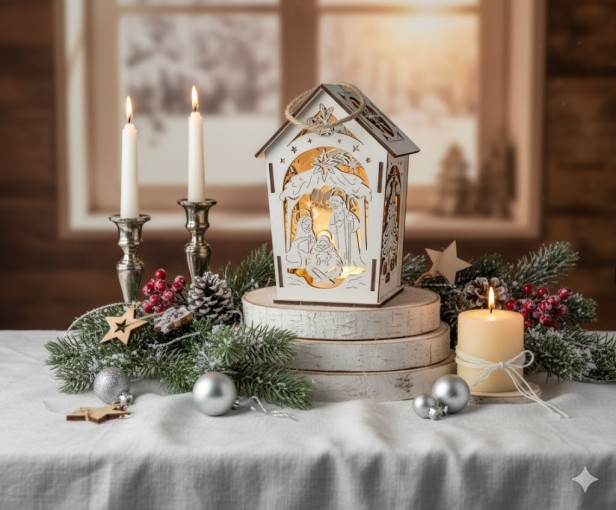 Lampion Roratni Drewniany LED z Uchwytem – EKO Symbol Adwentu [kolorystyka do wyboru]  w aranżacji