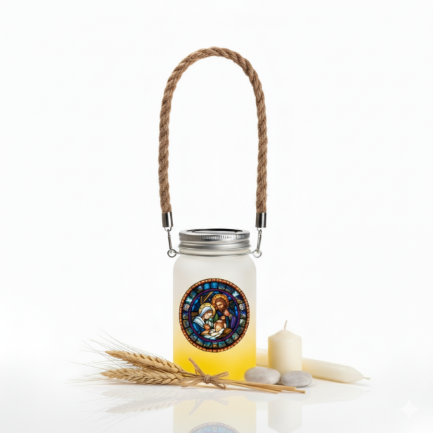 Lampion roratni szklany ŻÓŁTY z jutowym uchwytem – światło radości i wiary