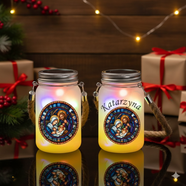 personalizacja Lampion roratni szklany ŻÓŁTY z jutowym uchwytem – światło radości i wiary