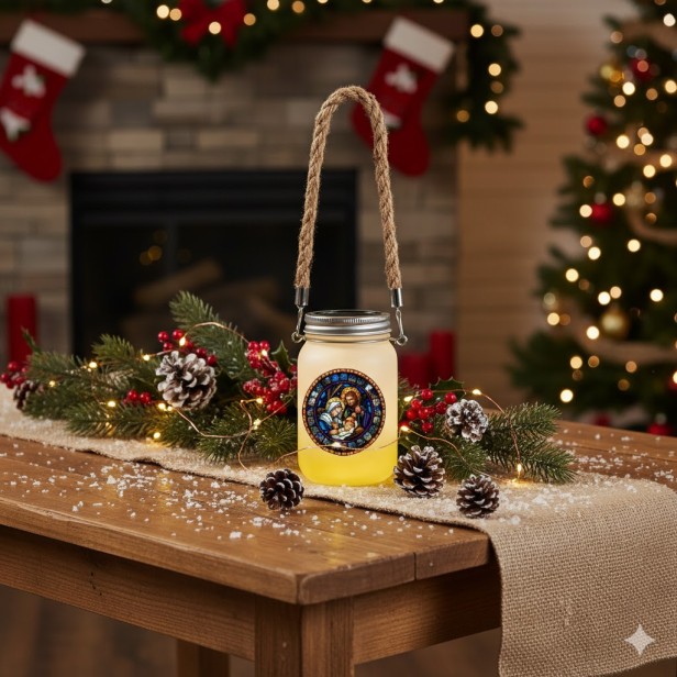 Lampion roratni szklany ŻÓŁTY z jutowym uchwytem – światło radości i wiary