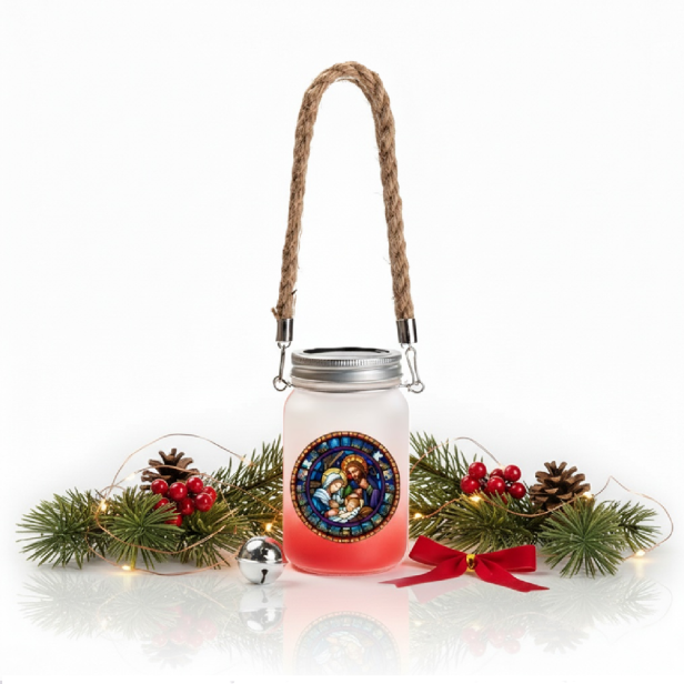 Lampion roratni szklany CZERWONY z jutowym uchwytem – światło miłości i modlitwy