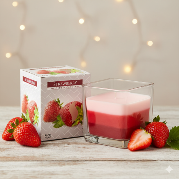 Świeca zapachowa w szkle trójkolorowa TRUSKAWKA – słodki aromat lata i owocowej świeżości