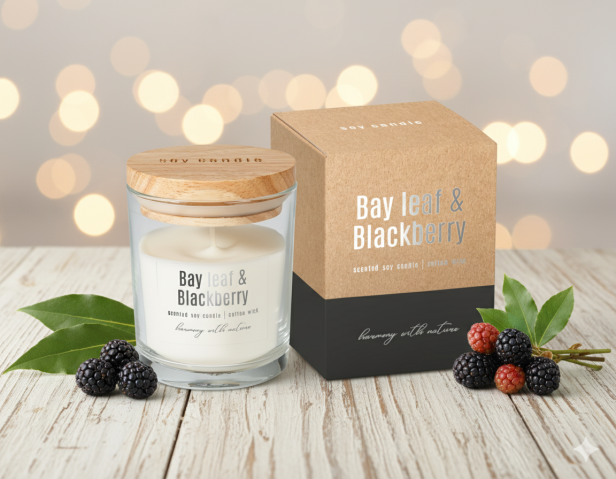 Sojowa świeca zapachowa w szkle LIŚĆ LAUROWY & JEŻYNA – naturalna elegancja i aromat owocowej świeżości