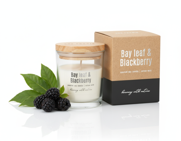 Sojowa świeca zapachowa w szkle LIŚĆ LAUROWY & JEŻYNA – naturalna elegancja i aromat owocowej świeżości