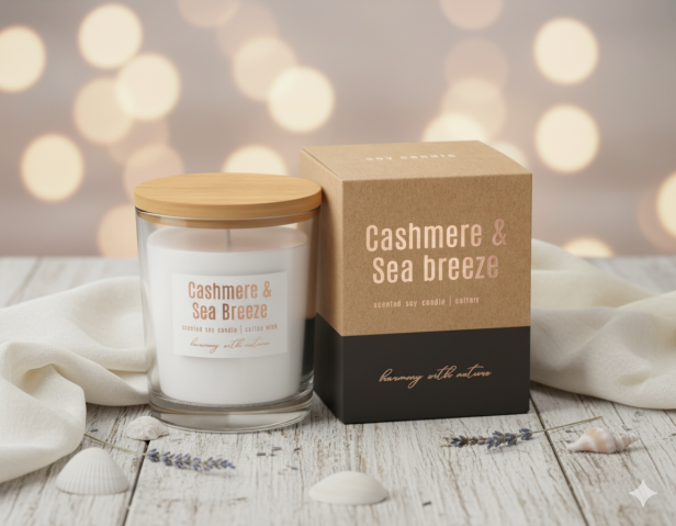 Sojowa świeca zapachowa w szkle KASZMIR & BRYZA MORSKA – elegancja, świeżość i relaks w naturalnym