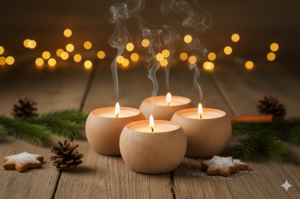 Świecznik okrągły drewniany – komplet 4 sztuk naturalnej elegancji