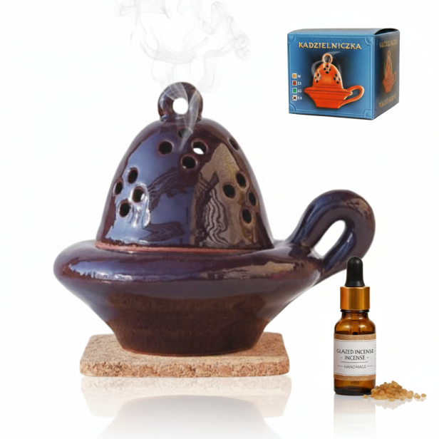 Kadzielniczka glazura fioletowo-brązowa – ręcznie wykonana ceramiczna kadzielnica z korkową podstawką, Polska