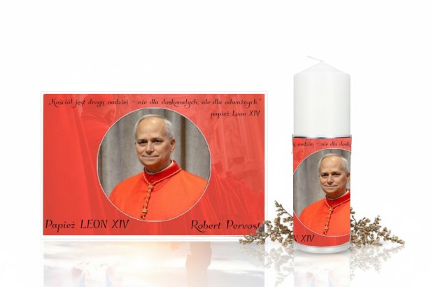 Świeca pamiątkowa Papież LEON XIV – Robert Prevost – symbol modlitwy, jedności i nadziei