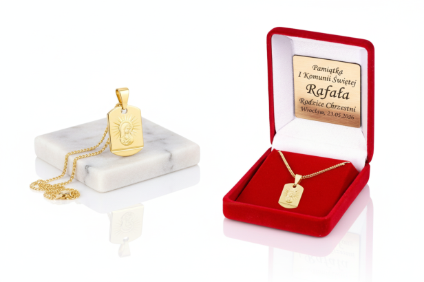 Pozłacany medalik Matka Boska Madonna z łańcuszkiem pr. 925 – pamiątka wiary i matczynej opieki z dedykacją