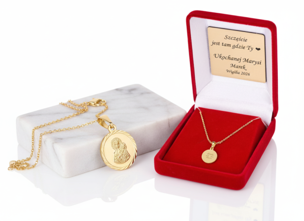 Złocony medalik Matka Boska Częstochowska z łańcuszkiem pr. 925 – pamiątka wiary i opieki Królowej Polski z dedykacją