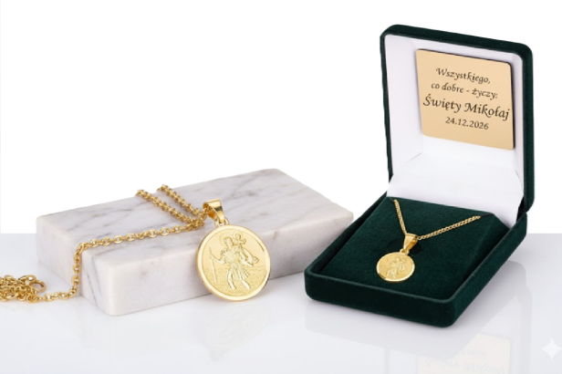 Złocony medalik Święty Krzysztof pr. 925 z łańcuszkiem – patron podróżnych z dedykacją