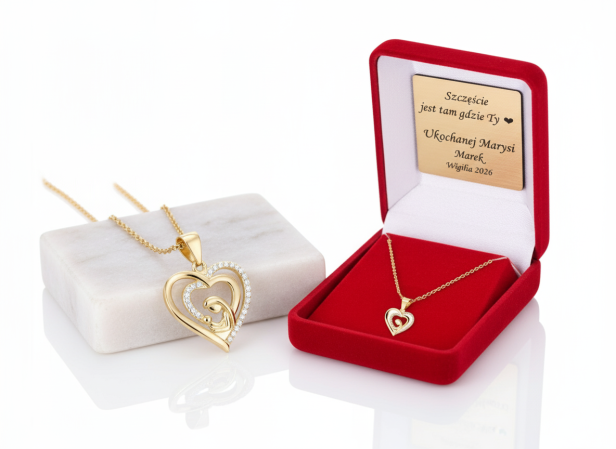 Złocony medalik Serce z cyrkoniami – Matka Boska z Dzieciątkiem pr. 925 z łańcuszkiem i dedykacją