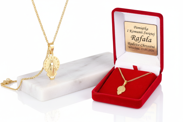 Złocony Cudowny Medalik pr. 925 z łańcuszkiem – symbol opieki i miłości Maryi z dedykacją