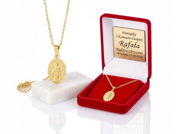 Złocony klasyczny Cudowny Medalik pr. 925 z łańcuszkiem – symbol wiary i opieki Maryi z dedykacją