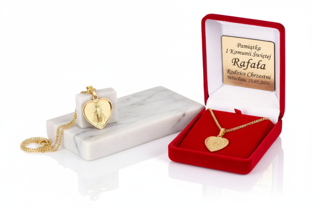 Złocony medalik Matka Boska Niepokalana pr. 925 z łańcuszkiem – symbol opieki i wiary z dedykacją