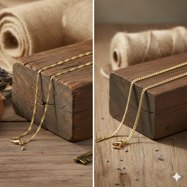 splot złoconych łańcuszków - Złocony krzyżyk trójlistny z łańcuszkiem pr. 925 – symbol wiary i Trójcy Świętej z dedykacją