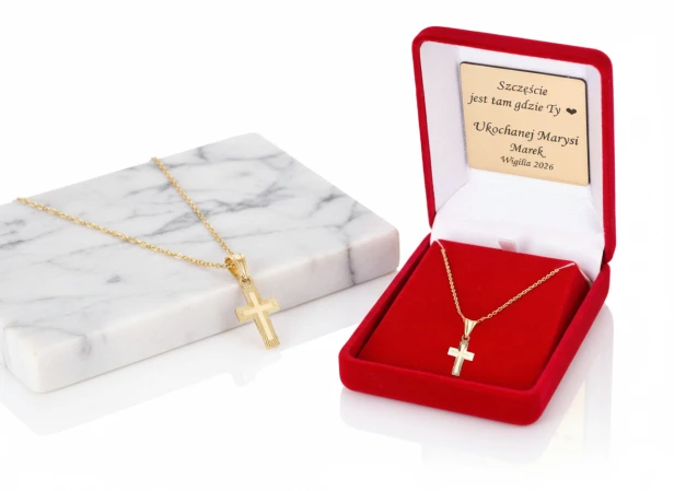 Złocony krzyżyk diamentowany z łańcuszkiem – srebro 925, pudełko z dedykacją