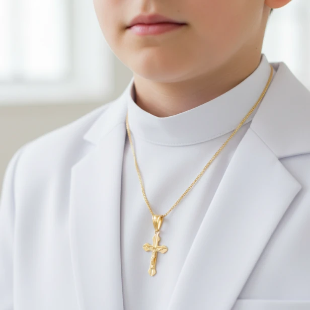 Złocony krzyżyk trójlistny z Jezusem – srebro 925, stylizacja na szyi