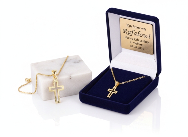 Pozłacany krzyżyk z łańcuszkiem pr. 925 – symbol wiary i Bożego światła z dedykacją