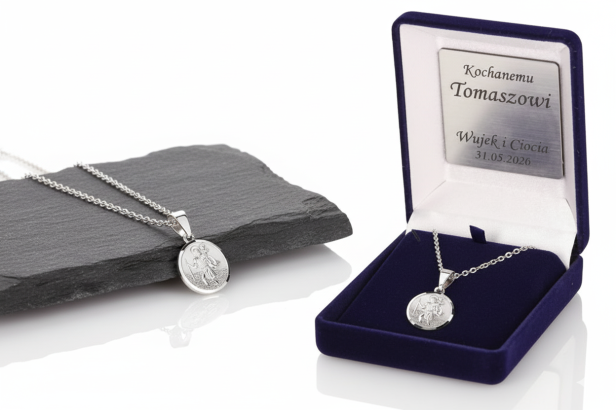 Srebrny medalik Święty Krzysztof z łańcuszkiem pr. 925 – pamiątka wiary i opieki w podróży z dedykacją