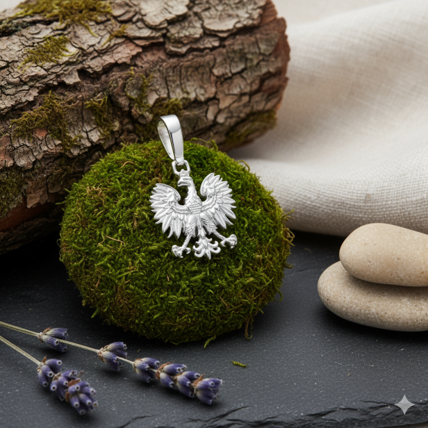 Srebrny medalik Orzeł w koronie pr. 925 rodowany z łańcuszkiem – patriotyczny symbol Polski