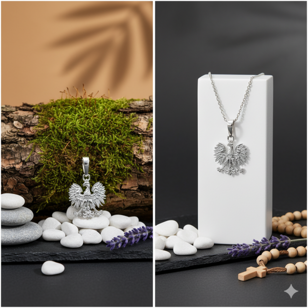 Srebrny medalik Orzeł w koronie pr. 925 rodowany z łańcuszkiem – patriotyczny symbol Polski