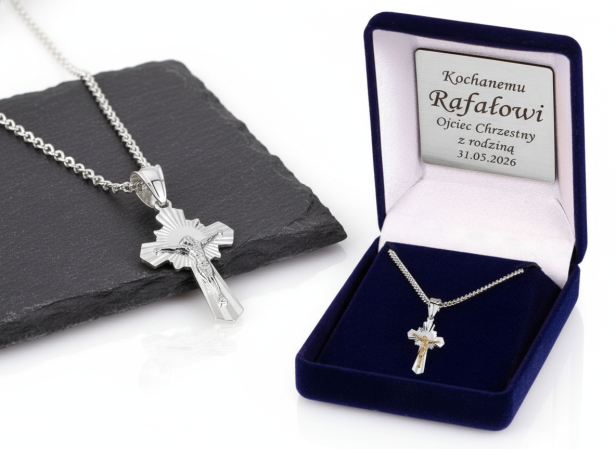 Srebrny krzyżyk z Jezusem na krzyżu pr. 925 z łańcuszkiem – pamiątka wiary i nadziei z dedykacją