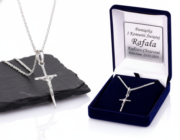 Srebrny krzyżyk z Jezusem na krzyżu z łańcuszkiem pr. 925 – symbol ofiary i nadziei z dedykacją