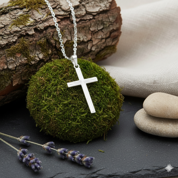 Srebrny diamentowany krzyżyk z łańcuszkiem pr. 925 – symbol wiary i światła