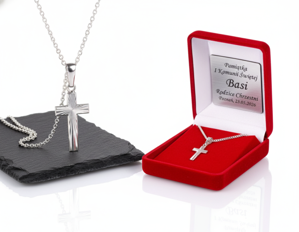 Srebrny diamentowany krzyżyk z łańcuszkiem pr. 925 – symbol wiary i światła z dedykacją