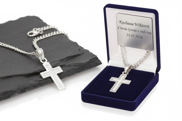 Srebrny krzyżyk rodowany diamentowany z łańcuszkiem – srebro 925, dedykacja