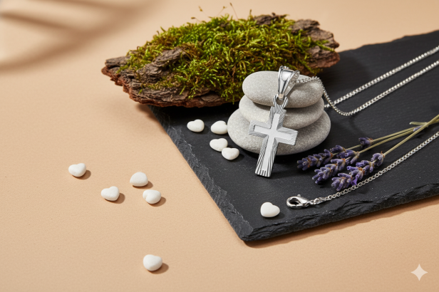 Srebrny rodowany krzyżyk diamentowany z łańcuszkiem pr. 925 – symbol wiary i światła