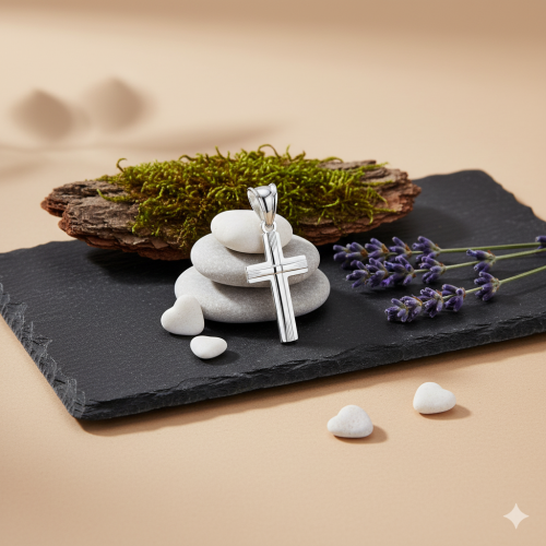 Srebrny diamentowany krzyżyk pr. 925 z łańcuszkiem – symbol wiary, nadziei i zbawienia