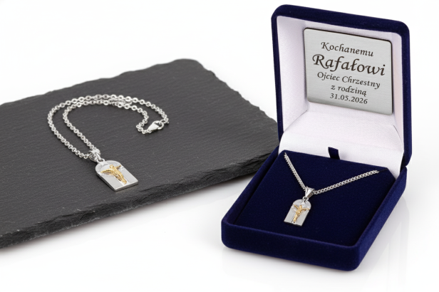 Srebrny diamentowany medalik „Jezus na Krzyżu” pr. 925 z łańcuszkiem – pamiątka wiary z dedykacją