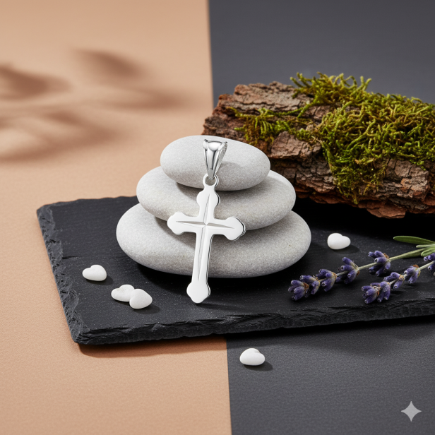 Srebrny diamentowany krzyżyk pr. 925 z łańcuszkiem – symbol wiary i ochrony