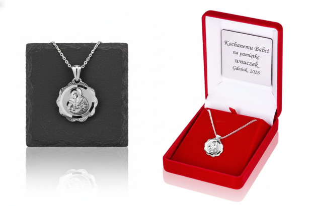 Srebrny medalik Matka Boska Karmiąca z łańcuszkiem pr. 925 – pamiątka wiary i macierzyństwa z dedykacją