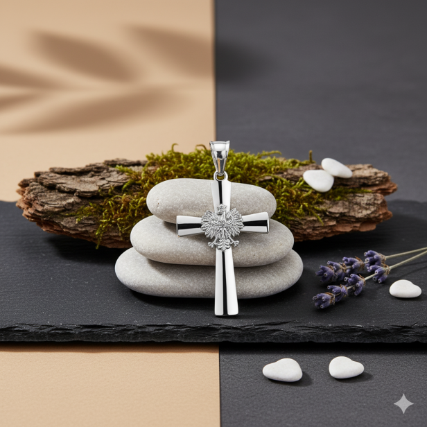 Srebrny krzyż z Orłem w koronie pr. 925 z łańcuszkiem – polski symbol wiary i patriotyzmu