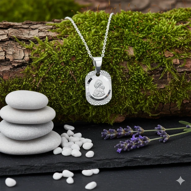Medalik srebrny diamentowany z Maryją i Dzieciątkiem – naturalna aranżacja