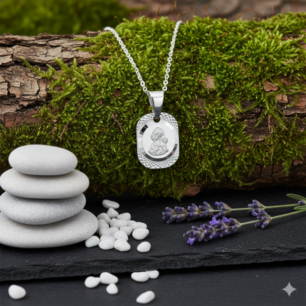 Srebrny medalik Matka Boska Częstochowska pr. 925 z łańcuszkiem – diamentowany symbol wiary i opieki