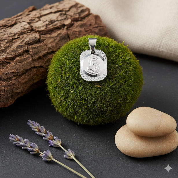 Srebrny medalik Matka Boska Częstochowska pr. 925 z łańcuszkiem – diamentowany symbol wiary i opieki