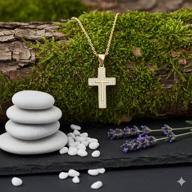 Złocony krzyżyk z białymi cyrkoniami – biżuteria religijna w naturalnej aranżacji