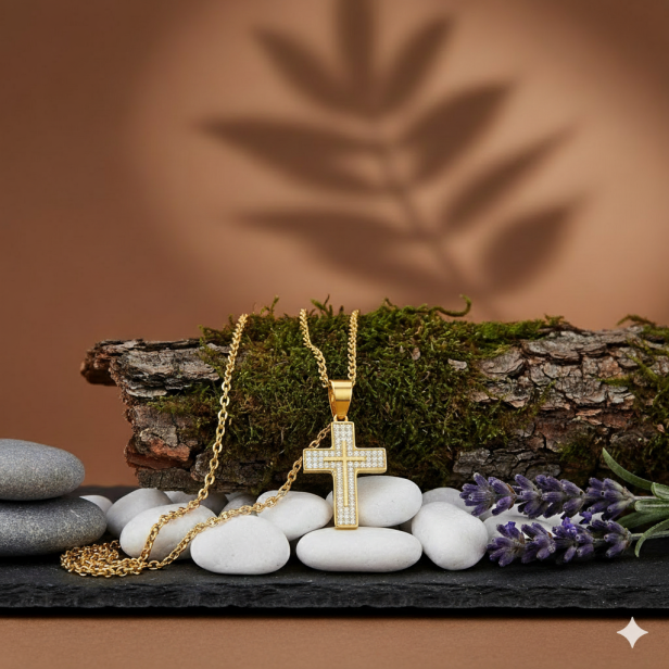 Złocony krzyżyk z cyrkoniami pr. 925 z łańcuszkiem – symbol wiary i światła