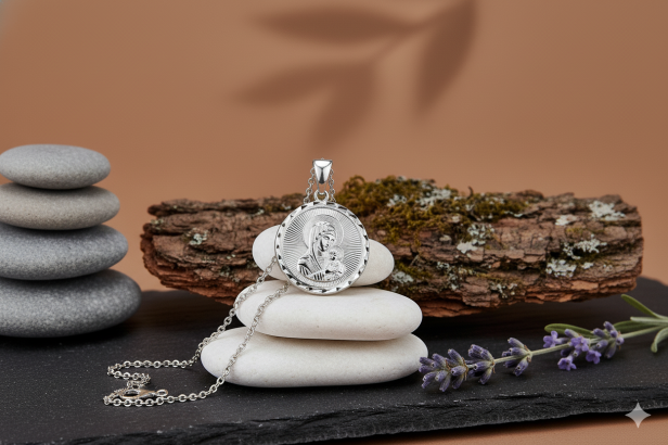 Srebrny medalik Madonna z łańcuszkiem pr. 925 – personalizowana pamiątka wiary i opieki Matki Bożej